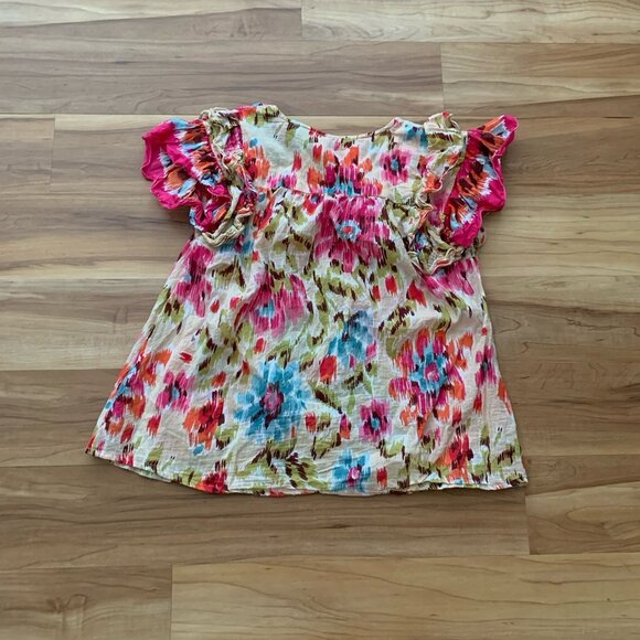 Elie Tahari Medium Floral Watercolor Flutter Sleeve 100% Cotton Blouse Top - Picture 4 of 8